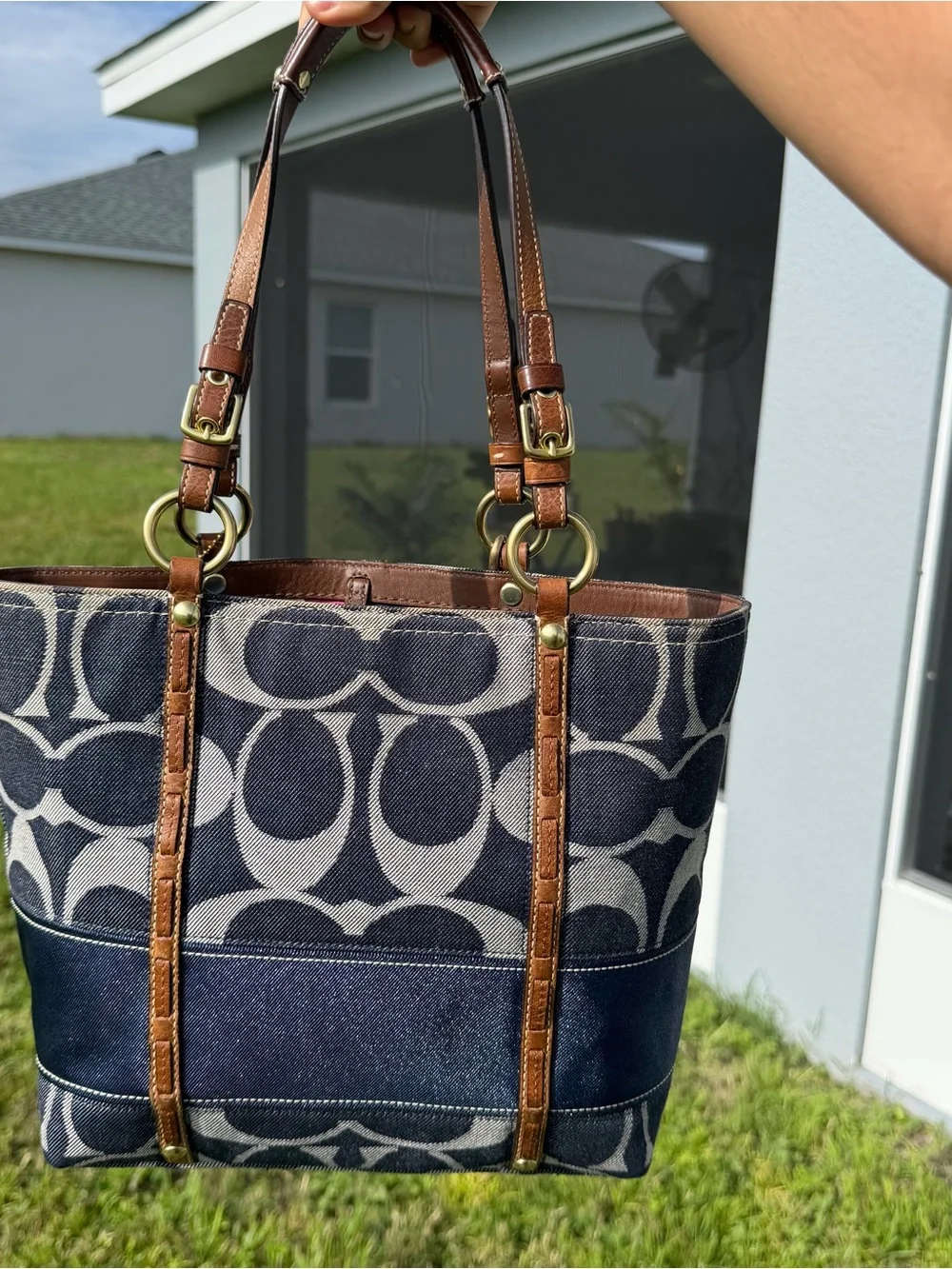 Coach Blue Signature Denim Tote with Brown Leather Trim